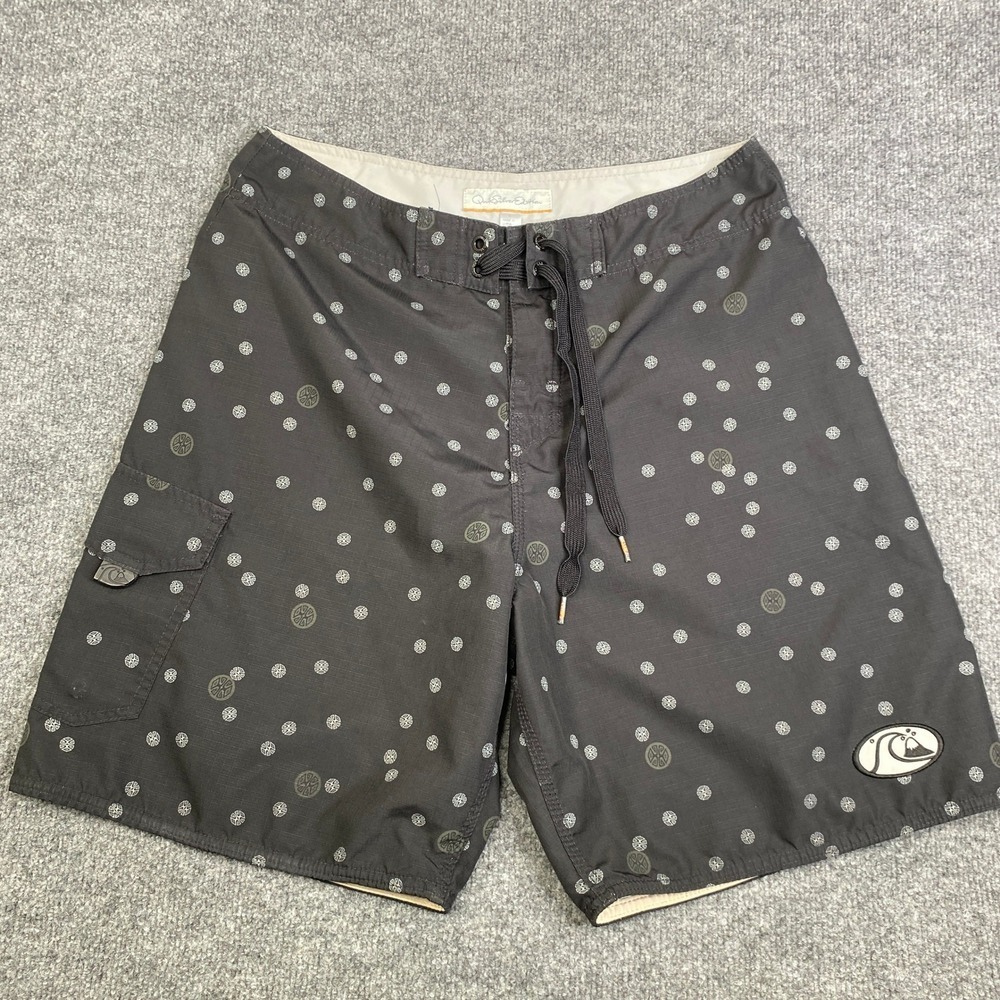 VTG Quiksilver Edition Mens Board Shorts 32 Charcoal Grey Ripstop AOP Print Surf